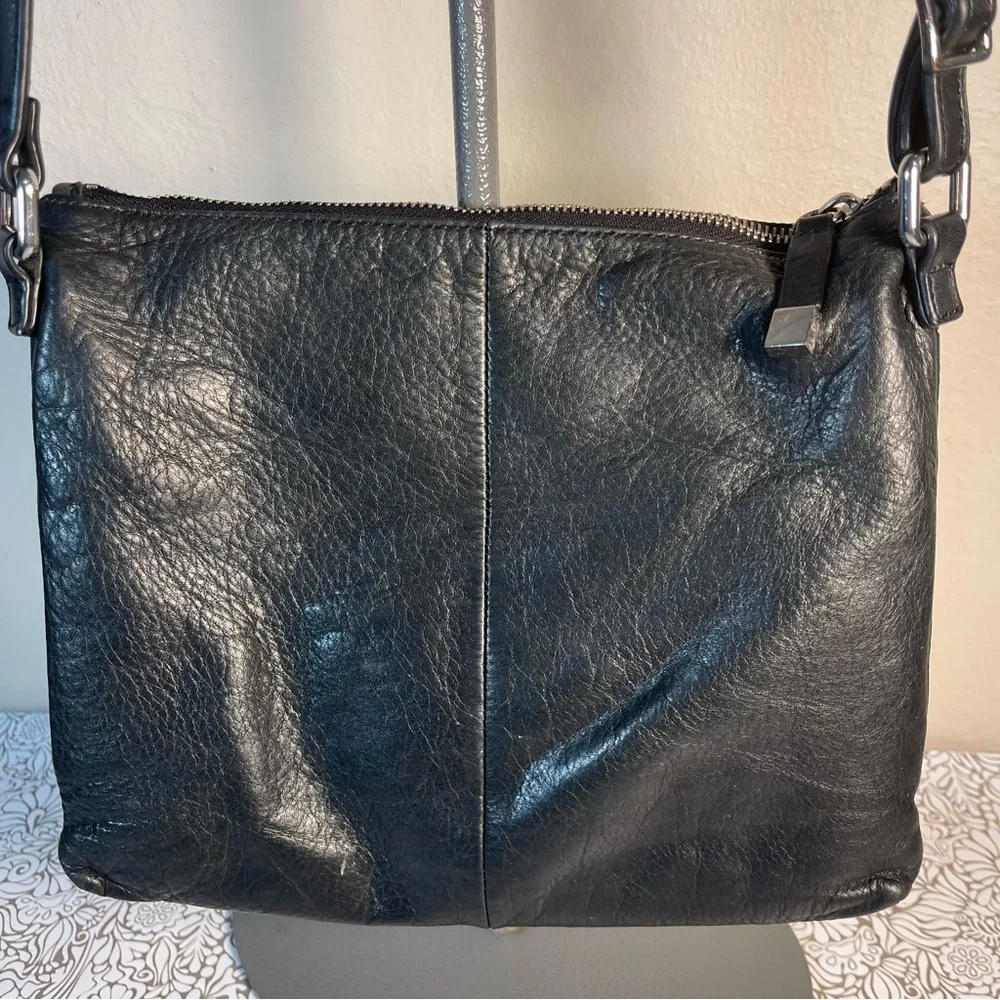MARGOT Leather Two Zipper Crossbody Shoulder Bag In black leather